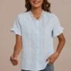 Blue Short Ruffle Sleeve Round Neck Blouse