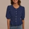 Navy Polka Dot Short Puff Sleeve Round Neck Tie Back Blouse -Women Dress Shop brlt3052501 1