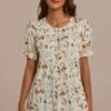 Floral Short Puff Sleeve Round Neck Blouse