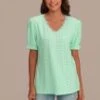 Green Short Puff Sleeve V Neck Hollow Blouse -Women Dress Shop brlt3060601 1