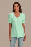 Green Short Puff Sleeve V Neck Hollow Blouse