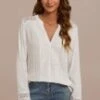 White Long Sleeve Deep V Neck Lace Blouse