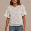Ivory Short Sleeve Round Neck Hollow Cotton Blouse -Women Dress Shop brlt3060803 1