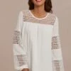 White Long Sleeve Round Neck Hollow Blouse