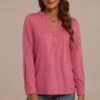 Mauve Long Sleeve V Neck Button Top