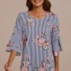 Blue Stripe Floral Half Trumpet Sleeve Round Neck Blouse