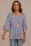 Blue Stripe Floral Half Trumpet Sleeve Round Neck Blouse