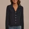 Black Long Sleeve V Neck Buttons Blouse