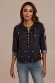 Black Embroidery 3/4 Length Sleeve V Buttons Neck Jersey Top