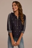 Black Embroidery 3/4 Length Sleeve V Buttons Neck Jersey Top 5 Black Embroidery 3/4 Length Sleeve V Buttons Neck Jersey Top - Image 3