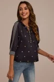 Black Embroidery 3/4 Length Sleeve V Buttons Neck Jersey Top 8 Black Embroidery 3/4 Length Sleeve V Buttons Neck Jersey Top - Image 6