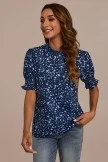 Navy Floral Short Elastic Cuff Sleeve High Neck Blouse