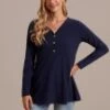 Blue Long Sleeve V Neck Button Front Blouse 2 Blue Long Sleeve V Neck Button Front Blouse -Women Dress Shop brlt3070702 1