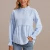 Blue Floral Long Sleeve Ruffle Neck Top