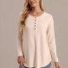 Beige Long Sleeve Round Neck Buttons Top -Women Dress Shop brlt3071303 1