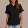 Black Lace Short Ruffle Sleeve Button Up Cotton Top
