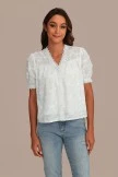 White Embossed Floral Pattern Short Puff Sleeve Deep V Neck Cotton Top
