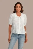 White Short Puff Sleeve Collared Neck Floral Embroidery Cotton Blouse
