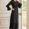 Black Round Neck Ruffle Long Sleeve Polka Dots Maxi Dress -Women Dress Shop cdmsf0452 1