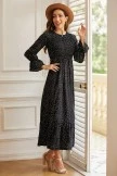 Black Round Neck Ruffle Long Sleeve Polka Dots Maxi Dress