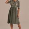Olive Floral Embroidery Half Sleeve Round Neck Swiss Dots Cotton Midi Dress -Women Dress Shop d2051903 1
