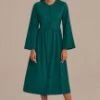 Dark Green Long Sleeve Round Neck Buttons Midi Dress -Women Dress Shop d2062302 1