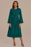 Dark Green Long Sleeve Round Neck Buttons Midi Dress