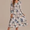 Leaves Print Long Sleeve V Neck Smocked Midi Dress -Women Dress Shop d2062304 1