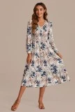 Leaves Print Long Sleeve V Neck Smocked Midi Dress