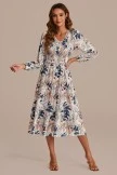 Leaves Print Long Sleeve V Neck Smocked Midi Dress 6 Leaves Print Long Sleeve V Neck Smocked Midi Dress - Image 4
