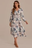 Leaves Print Long Sleeve V Neck Smocked Midi Dress 8 Leaves Print Long Sleeve V Neck Smocked Midi Dress - Image 6
