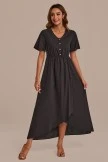 Black Short Sleeve V Neck Buttons Maxi Dress