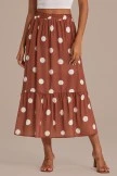 Brown Polka Dots Elastic Waist Tiered Midi Skirt
