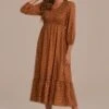 Mocha Dot Long Sleeve V Neck Smocked Maxi Dress -Women Dress Shop d2111002 1