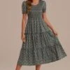 Sage Floral Short Sleeve Round Smocked Tiered Midi Dress -Women Dress Shop d2111009 1