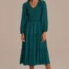 Teal Long Sleeve V Neck Smocked Tiered Midi Dress -Women Dress Shop d2111101 1