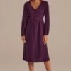 Dark Fig Long Sleeves V Neck Button Front Midi Dress -Women Dress Shop d2120101 1