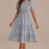 Floral Short Sleeve High Ruffle Neck Smocked Tiered Midi Dress -Women Dress Shop d2120106 1