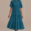 Dark Teal Short Ruffle Sleeve Round Neck Smocked Tiered Midi Dress -Women Dress Shop d22061507 1