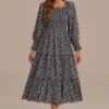 Black Floral Long Sleeve Square Neck Smocked Tiered Midi Dress -Women Dress Shop d22090101 1