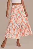 Orange Floral Elastic Waist Tiered Midi Skirt