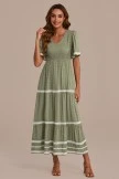 Olive V Neck Short Sleeve Swiss Dots Smocked Tiered Midi Dress 6 Olive V Neck Short Sleeve Swiss Dots Smocked Tiered Midi Dress - Image 4