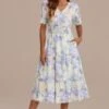 Floral Short Sleeve V Neck Button Up Tiered Midi Dress With Pockets -Women Dress Shop d3032301 1