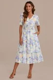 Floral Short Sleeve V Neck Button Up Tiered Midi Dress With Pockets