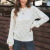 Ivory Long Sleeve Ruffle High Neck Knit Sweater -Women Dress Shop dsc01406