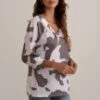 Brown Cow Print 3/4 Length Sleeve V Neck Soft Blouse Top -Women Dress Shop dsc04074