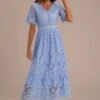 Half Sleeve V Neck Button Detail Lace Embroidery Midi Dress -Women Dress Shop dsc04301