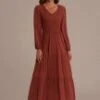 Elegant Long Sleeve V Neck Shirring Maxi Dress -Women Dress Shop dsc04672