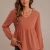 Solid Color Long Sleeve Round Neck Back Decorative Button Top