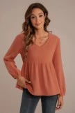 Solid Color Long Sleeve Round Neck Back Decorative Button Top